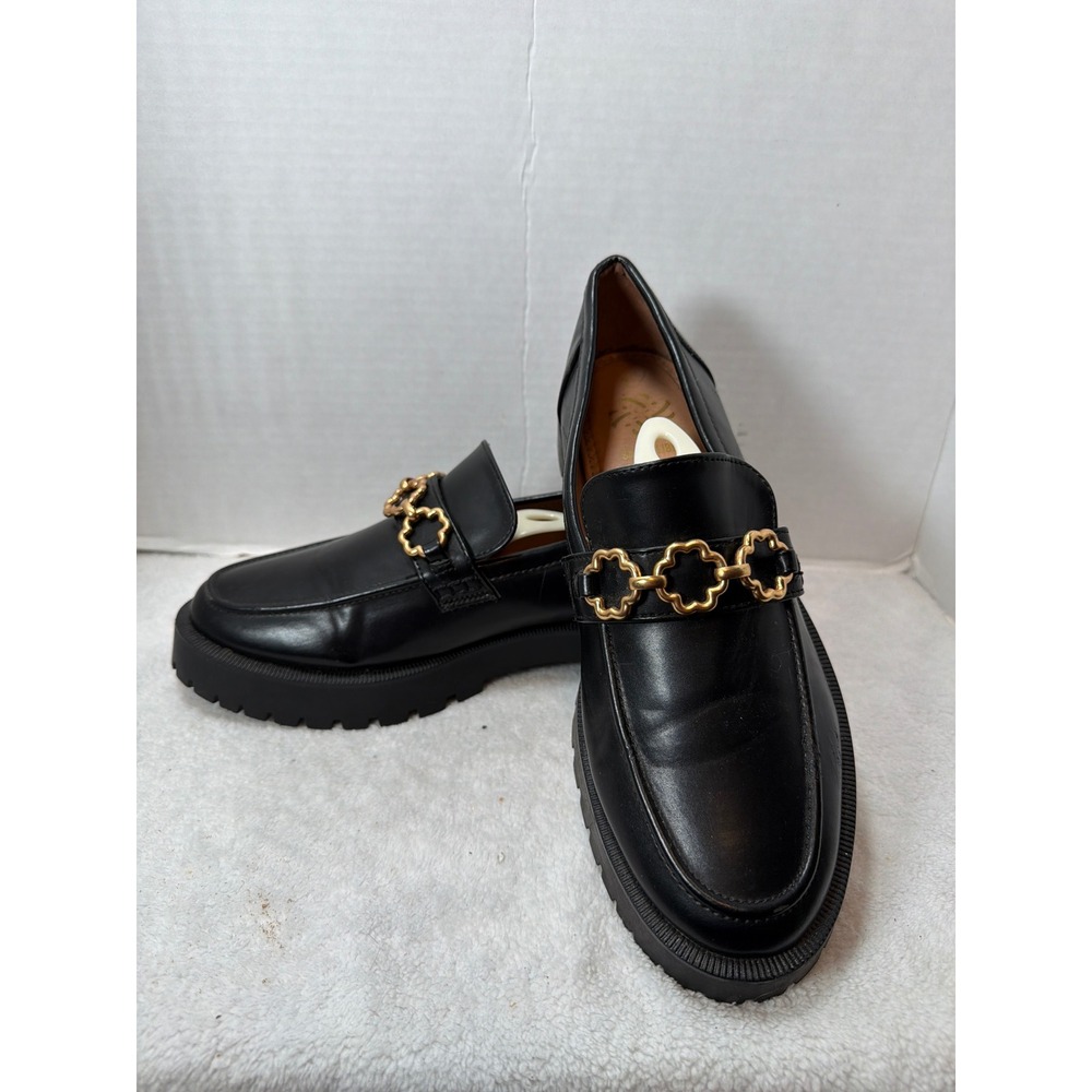 Sam & Libby‎ Y2K Loafers Womens 9.5 Black Chunky Lug Sole Gold Floral Chain